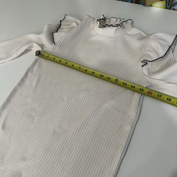 Loft Pointelle Ruffle Sleeve Ribbed Knit Sweater Top Size M Cream Fall Preppy - Picture 6 of 7